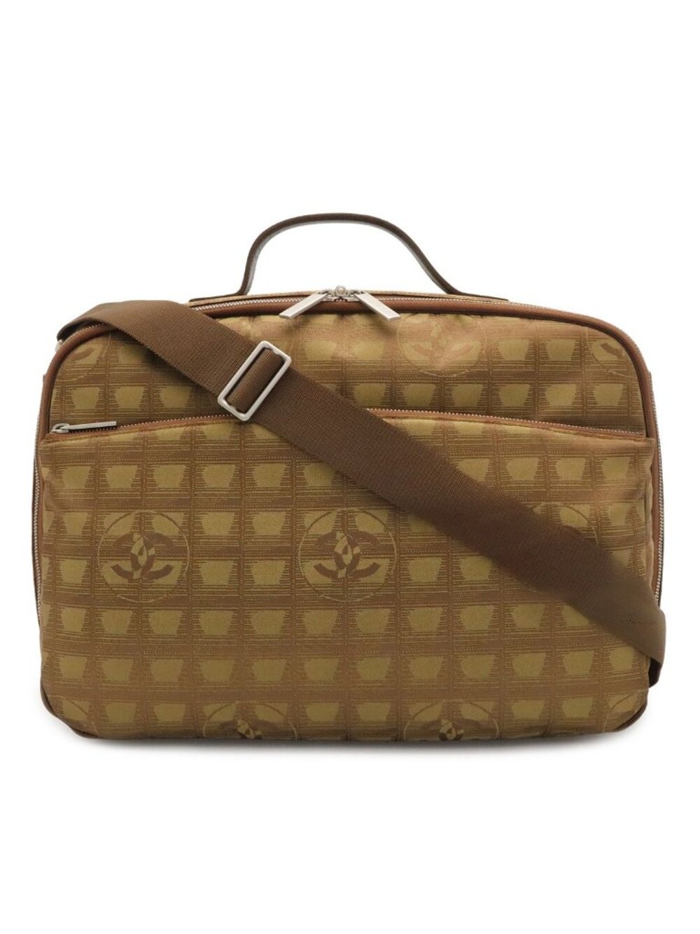 Chanel New Travel Line Boston Bag Purse 2-Way Nylon Jacquard Leather Khaki